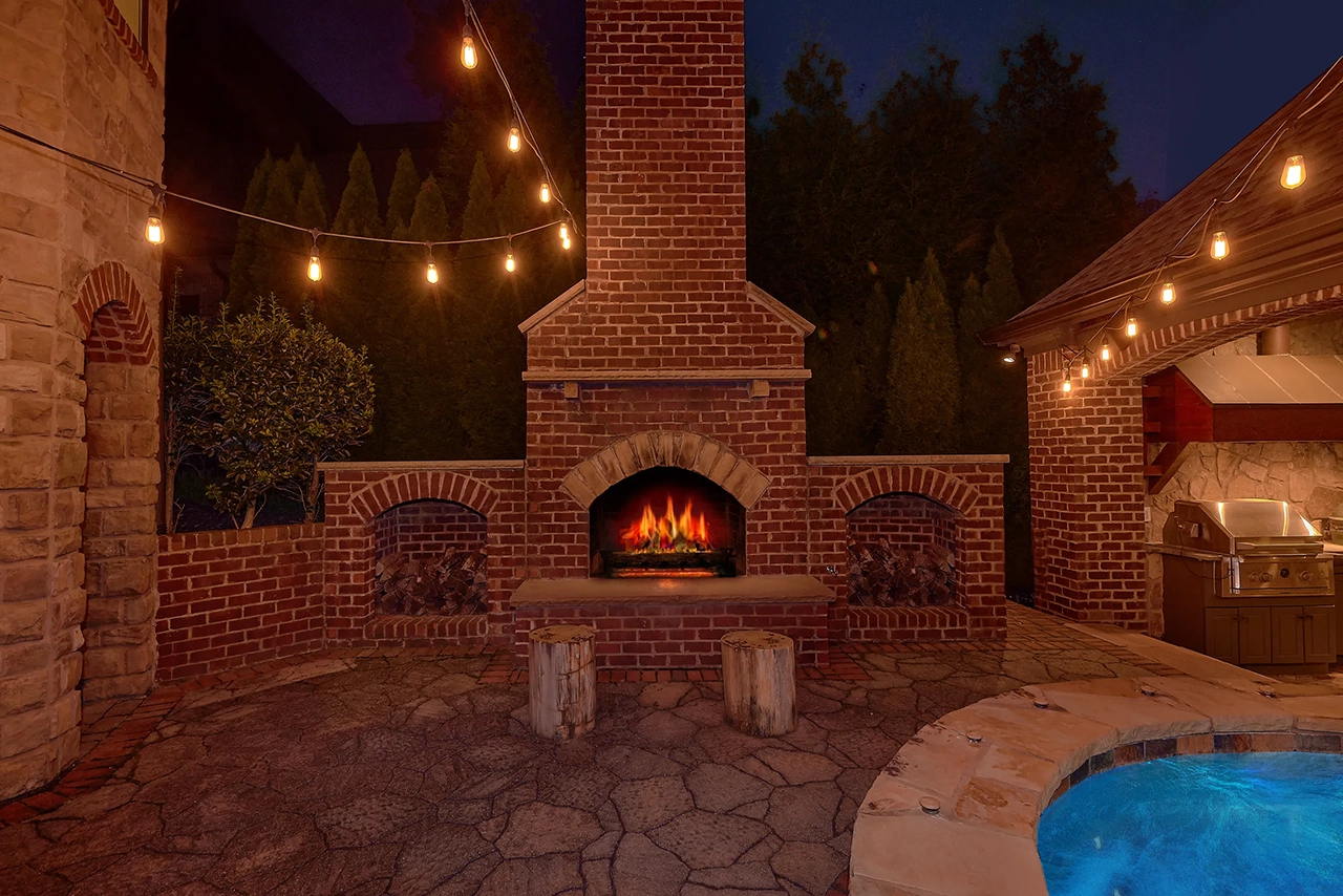 Pool Fireplace at Night