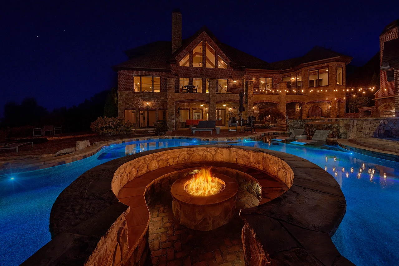 Firepit by Pool at Night